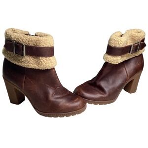 Timberland Brown Leather Shearling Ankle Boots Block Heel Women's Size 8